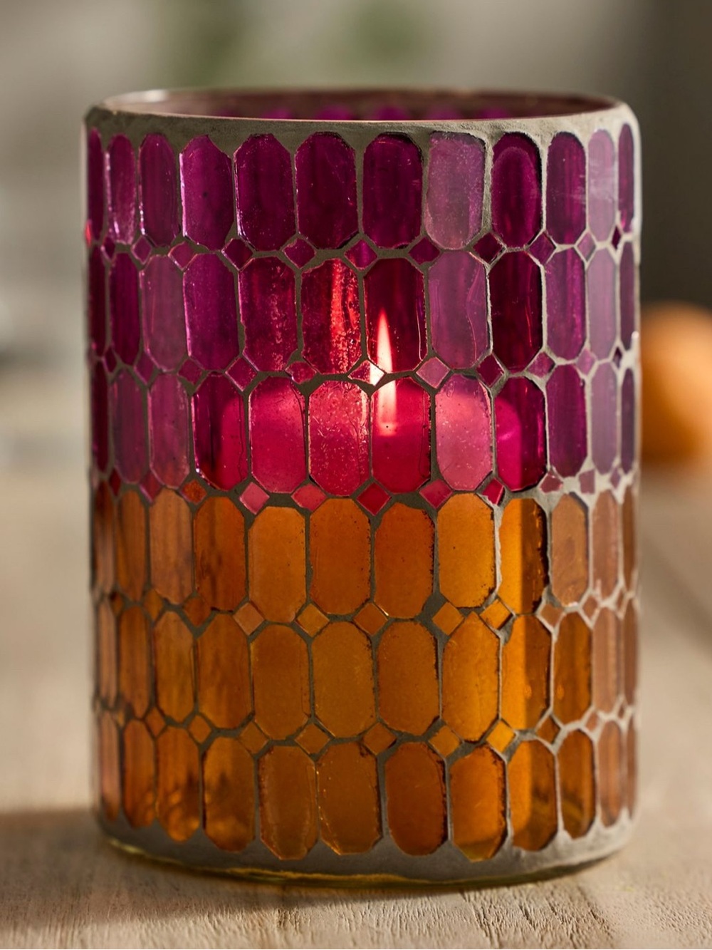Anthropologie Block Mosaic Glass Hurricane Lantern orange pink